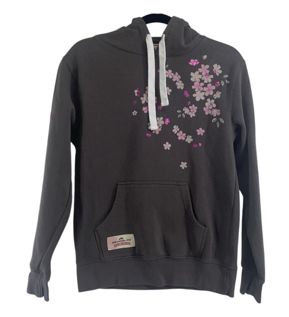Irish National Stud Sz XS Floral Graphic Fleece Pullover Hoodie Gray Equestrian